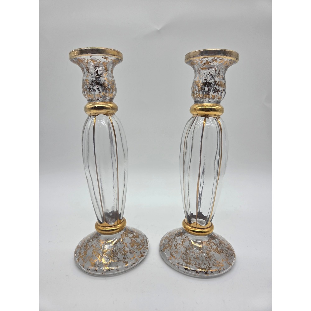 Cristailerie Glass Candle Holders 9.5in Gold Clear Unisex Italian Ribbed Pair